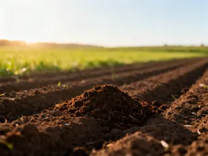 Skrzynka pełna dojrzałych, czerwonych wiśni z zielonymi ogonkami na tle słonecznego sadu.