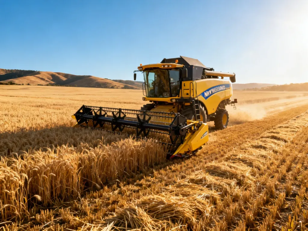 Nowoczesny kombajn zbożowy New Holland podczas żniw na słonecznym polu pszenicy w blasku złotego światła.