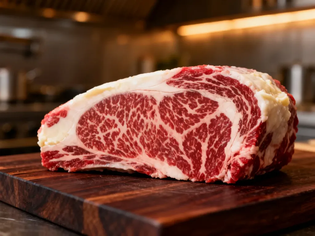 Surowy stek z wołowiny wagyu z wyraźną marmurkowatością na drewnianej desce, podkreślający wysoką jakość mięsa.