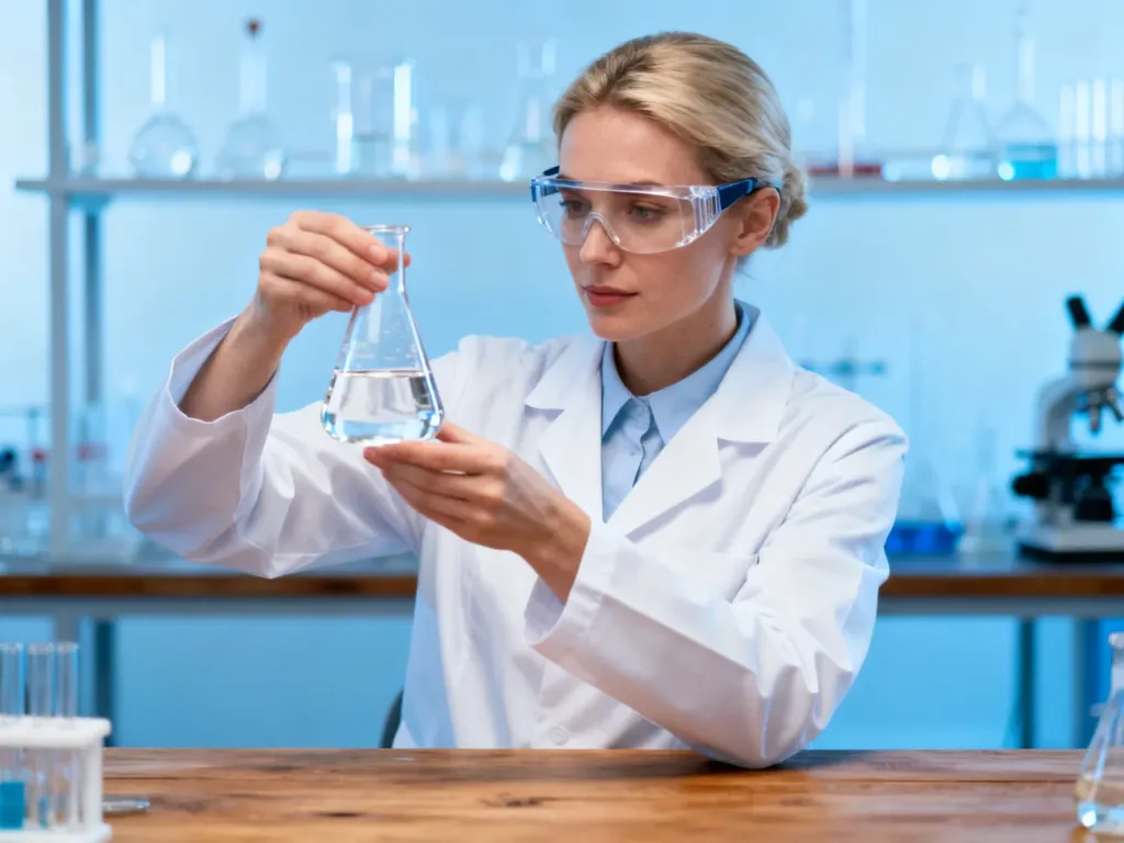 Laborantka w białym fartuchu i okularach ochronnych trzyma zlewkę z przezroczystym płynem w profesjonalnym laboratorium.
