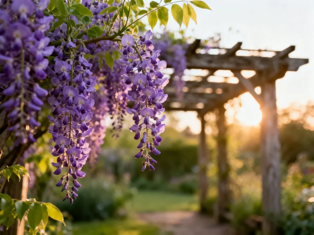 Kwitnąca wisteria z kaskadami fioletowych kwiatów zwisających z drewnianej pergoli w słonecznym ogrodzie.