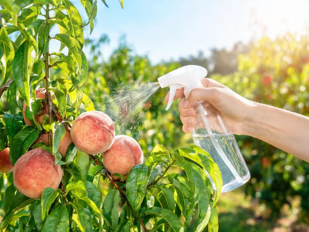 Gałązka brzoskwini opryskiwana naturalnym roztworem z butelki z rozpylaczem w słonecznym ogrodzie