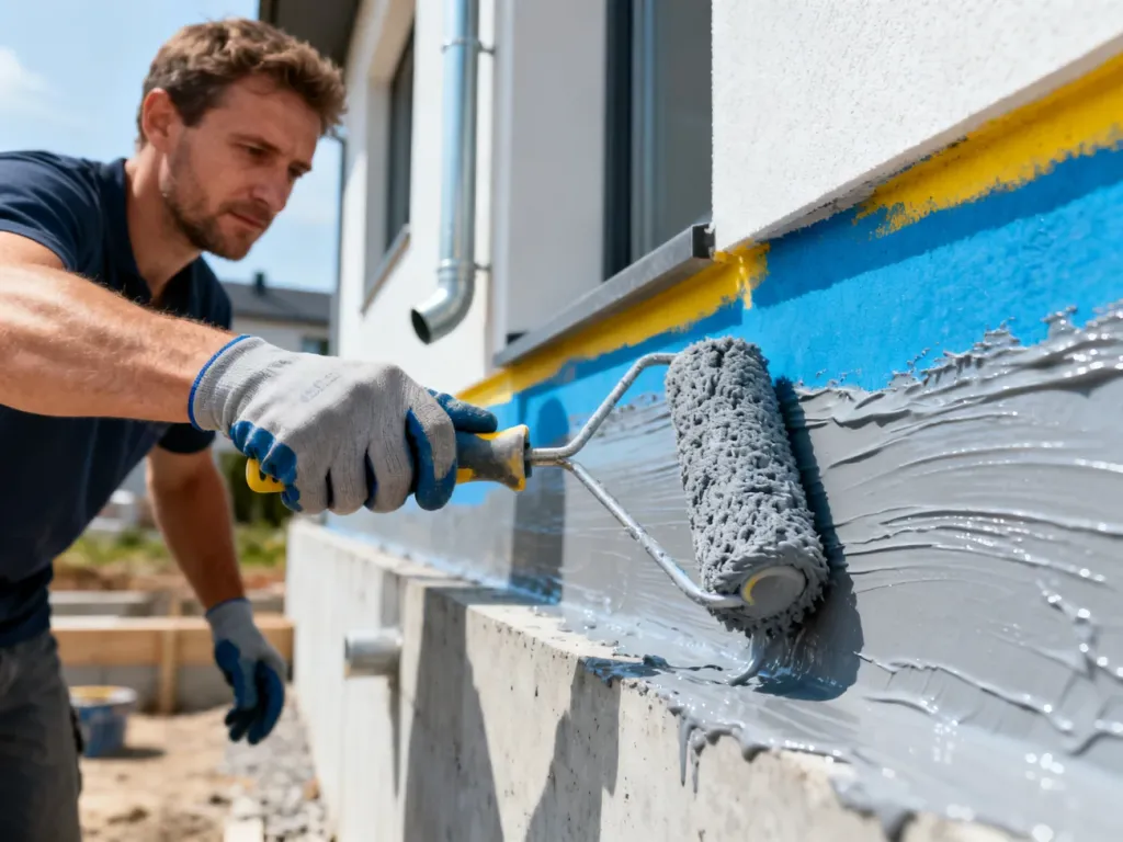 Pracownik nakłada grubą hydroizolację wałkiem na betonową ścianę fundamentową nowoczesnego domu, chroniąc ją przed wilgocią.
