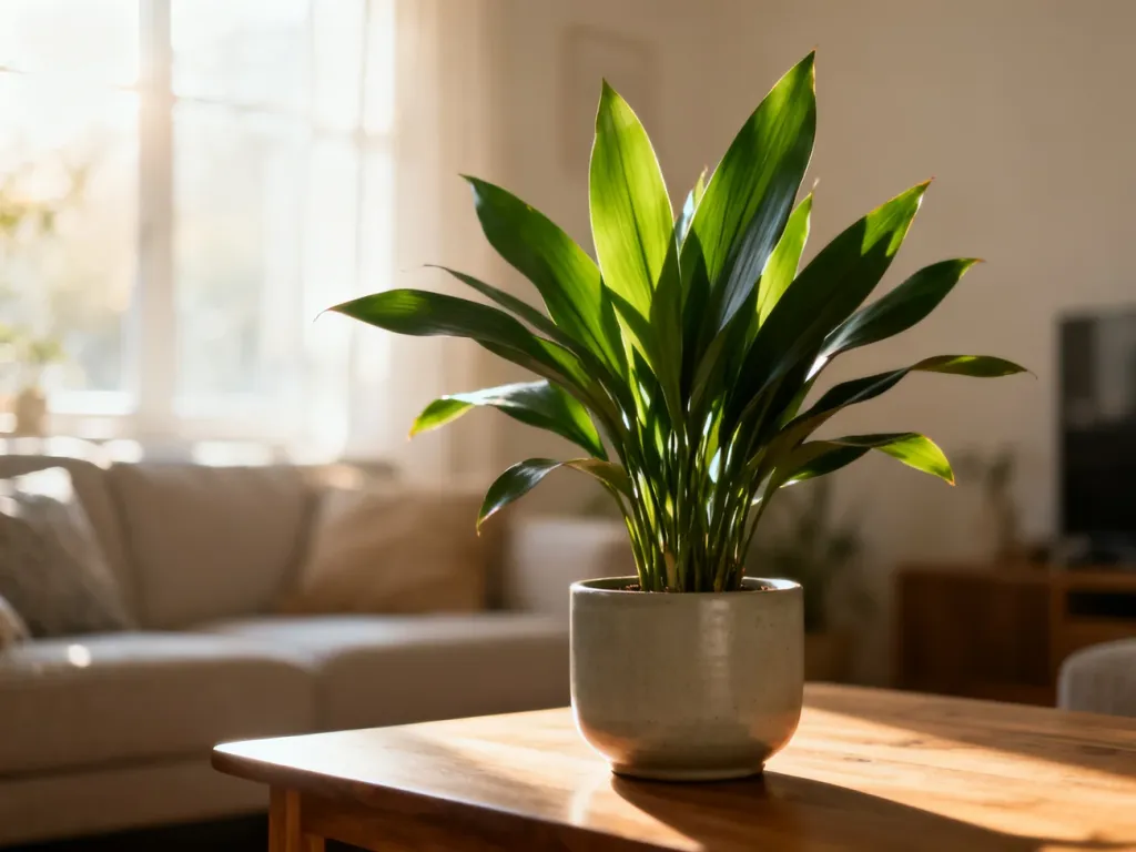 Bujna aspidistra w ceramicznej doniczce na drewnianym stole w słonecznym, przytulnym salonie.