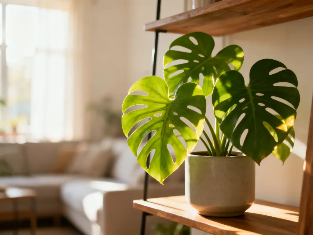 Monstera adansonii z charakterystycznymi dziurawymi liśćmi w ceramicznej doniczce na drewnianej półce.