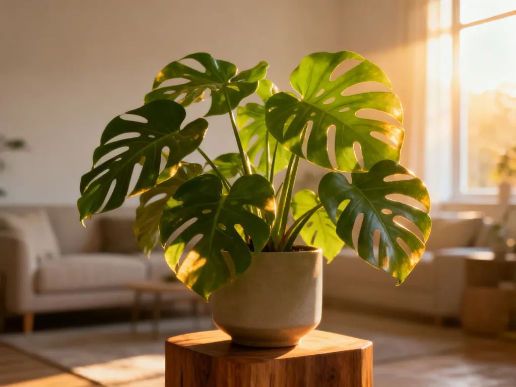 Bujna monstera w ceramicznej doniczce ustawiona w jasnym, nowoczesnym salonie oświetlonym porannym słońcem.