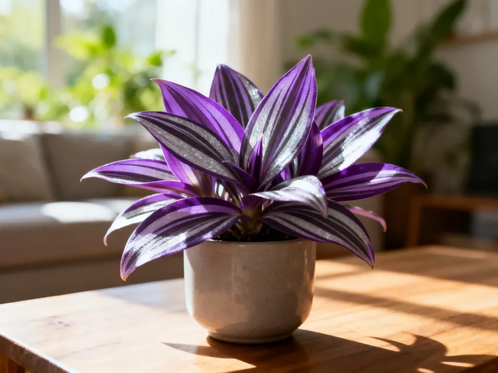 Tradescantia zebrina z purpurowo-srebrnymi liśćmi w ceramicznej doniczce na drewnianym stole w słonecznym salonie.