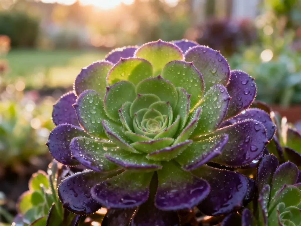 Zbliżenie na soczystą rozetę sukulenta Aeonium z kroplami rosy w promieniach porannego słońca.