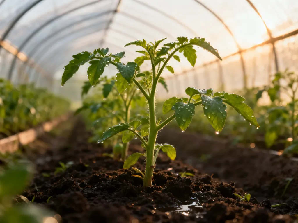 Zdrowe sadzonki pomidorów w tunelu z wilgotną, żyzną glebą u podstawy łodyg, gotowe do podlewania.