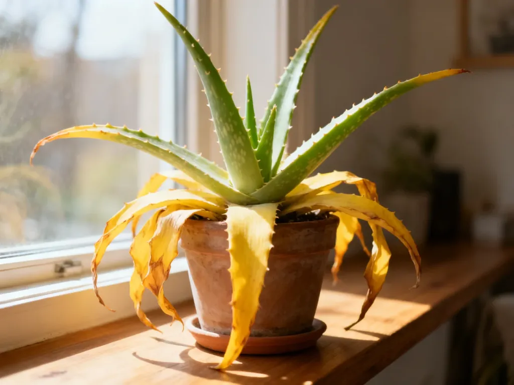 Aloes w doniczce z żółknącymi i opadającymi liśćmi na drewnianym parapecie, wymagający interwencji pielęgnacyjnej.