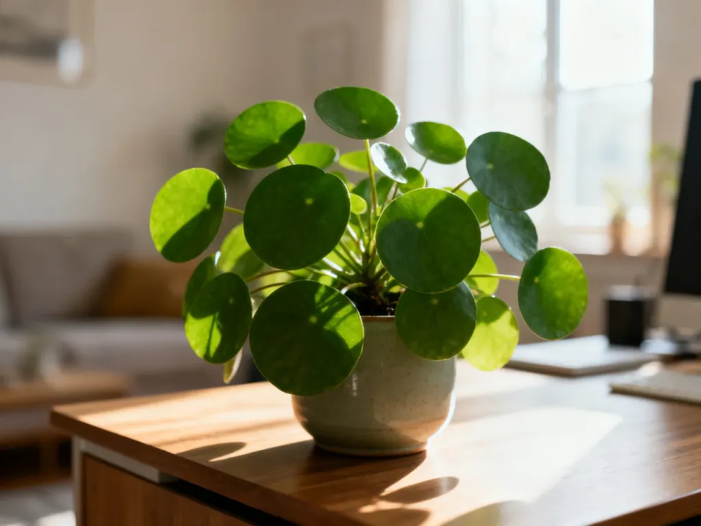 Pilea peperomioides w ceramicznej doniczce na słonecznym biurku, prezentująca charakterystyczne, okrągłe liście.