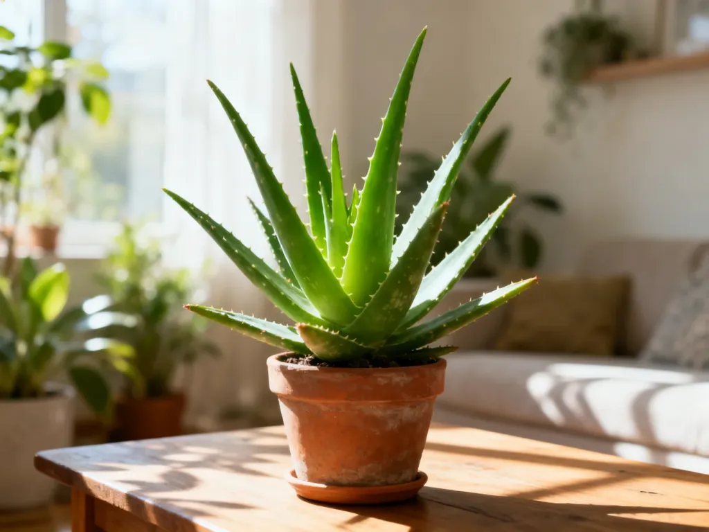 Zdrowy aloes w terakotowej doniczce na drewnianym stole w słonecznym, przytulnym wnętrzu.