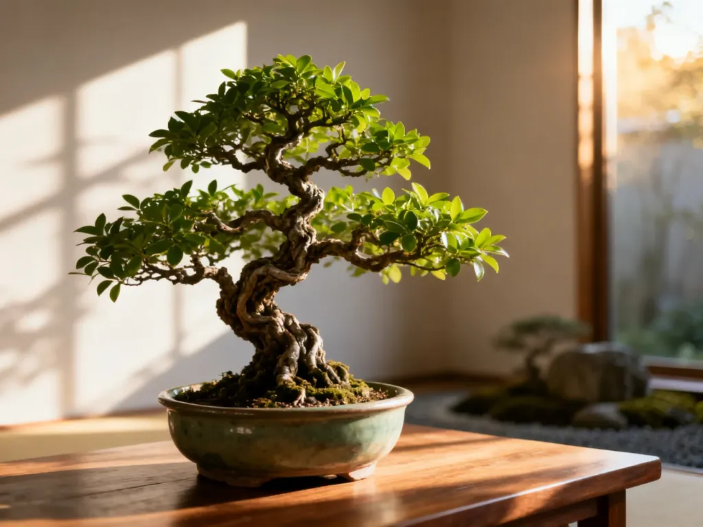 Miniaturowe drzewko bonsai o misternie skręconych gałęziach w ceramicznej doniczce, ustawione na drewnianym stole.
