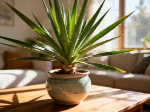 Bujna peperomia o sercowatych, nakrapianych liściach w ceramicznej doniczce na minimalistycznym drewnianym biurku.