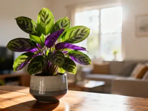 Pilea peperomioides w ceramicznej doniczce na słonecznym biurku, prezentująca charakterystyczne, okrągłe liście.